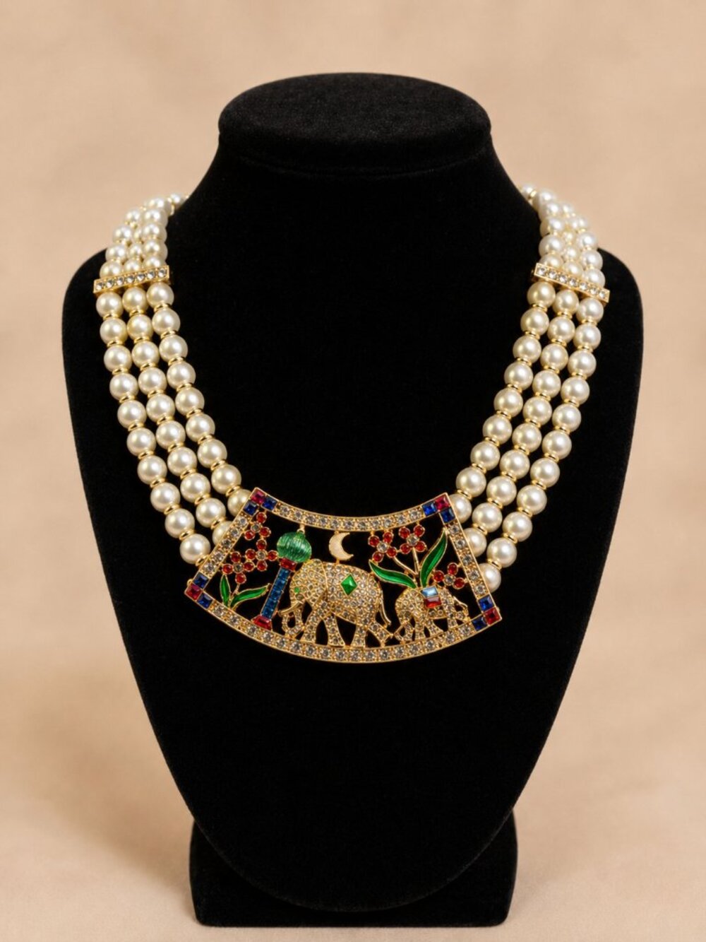 Luxury 22K Gold-Plated Multi-Strand Pearl Elephant Statement Necklace
